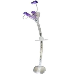 Medical gastrostomy feeding tube with purple ports, clear body, and measurement markings