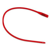 Red medical catheter tube with rounded tip on white background