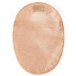 Beige disposable ostomy pouch for medical stoma care, flat lay, isolated on white background