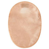 Beige disposable ostomy pouch for medical stoma care, flat lay, isolated on white background