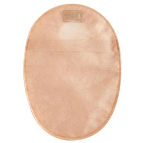 Beige disposable ostomy pouch for medical stoma care, flat lay, isolated on white background