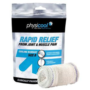 Cooling bandage for joint and muscle pain relief in front of product packaging.