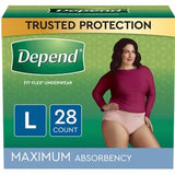 Depend Fit-Flex Underwear Maximum Absorbency Large 28 count box featuring woman model