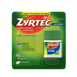 Zyrtec allergy medicine pack, 10mg 90 tablets, offers 24-hour indoor and outdoor allergy relief.