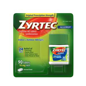 Zyrtec allergy medicine pack, 10mg 90 tablets, offers 24-hour indoor and outdoor allergy relief.