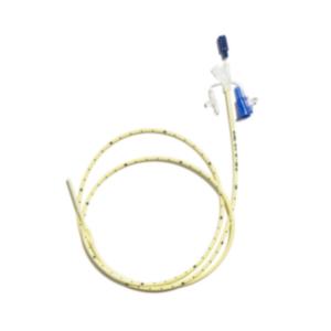 Yellow medical tube with blue cap and connector for home healthcare supply