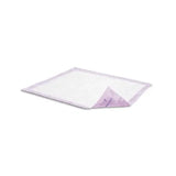 Disposable underpad with lavender border, absorbent medical bed pad on white background