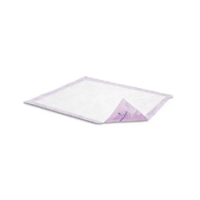 Disposable underpad with lavender border, absorbent medical bed pad on white background