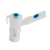 Transparent plastic nebulizer medicine cup with blue accents for respiratory therapy