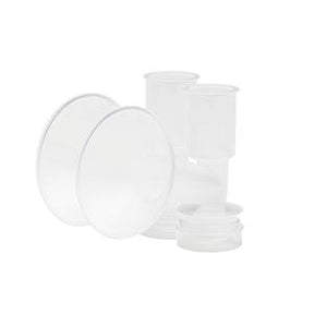clear plastic breast pump parts on white background, essential medical supplies