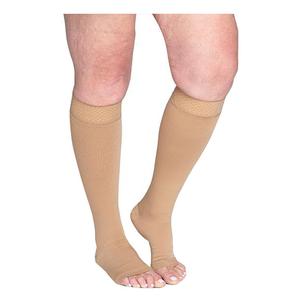 Beige open-toe compression socks on legs, knee-high medical support stockings