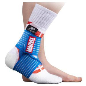 Compression ankle support bandage on foot, blue and red, Marvel logo, medical supplies