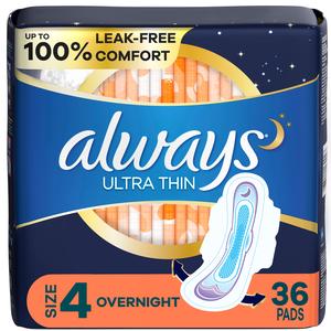 Always Ultra Thin Overnight size 4 absorbent pads, 36 count, leak-free comfort packaging