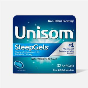 Unisom SleepGels nighttime sleep-aid softgels box, 32 count, for sleep support