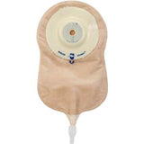 Beige ostomy bag with adhesive flange and drainage outlet, medical supply for stoma care