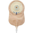 Beige ostomy pouch with adhesive barrier for medical use, isolated on white background