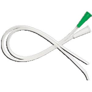 Sterile medical catheter with green funnel-shaped tip for home healthcare use