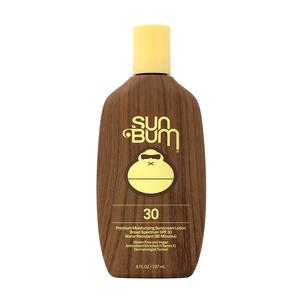 Sun Bum SPF 30 sunscreen lotion bottle with yellow cap and brown wood grain design
