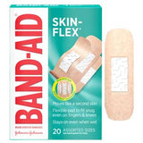 Band-Aid Skin-Flex flexible adhesive bandages box with assorted sizes, single bandage shown