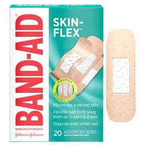 Band-Aid Skin-Flex flexible adhesive bandages box with assorted sizes, single bandage shown