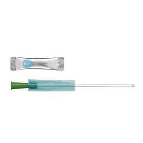 Sterile intermittent catheter with green funnel and blue sleeve for home medical use