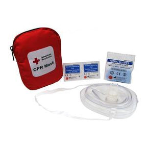 CPR mask kit with red case, nitrile gloves, antiseptic wipes, and airway tube