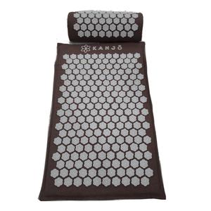 Brown acupressure mat and pillow set with white hexagonal spikes for pain relief