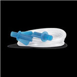 Clear medical tubing with blue connectors, coiled on a black background