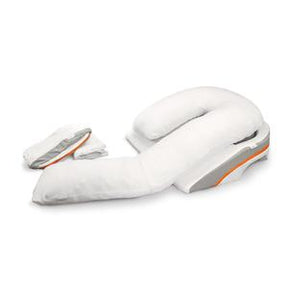 Ergonomic white body pillow with head and leg support, designed for medical comfort at home.