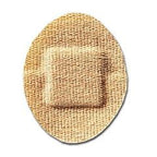 Oval adhesive dressing with beige woven texture on white background