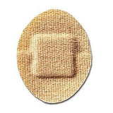 Oval adhesive dressing with beige woven texture on white background
