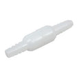 White plastic medical tubing connector with barbed ends on a plain background