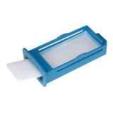 Blue plastic medical filter with white mesh, used for home medical equipment supplies