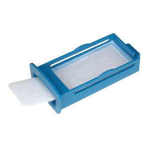 Blue plastic medical filter with white mesh, used for home medical equipment supplies