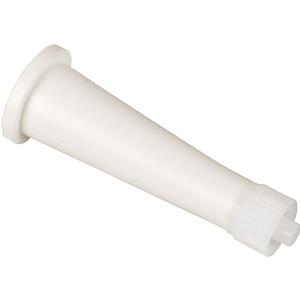 white medical tube attachment with flared base and threaded end on white background