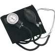 Manual blood pressure monitor with cuff, bulb, and stethoscope on white background