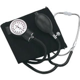 Manual blood pressure monitor with cuff, bulb, and stethoscope on white background