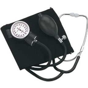 Manual blood pressure monitor with cuff, bulb, and stethoscope on white background