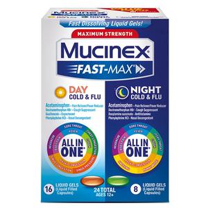 Mucinex Fast-Max Day and Night Cold & Flu liquid gels box with dosage details