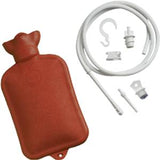 Red rubber hot water bottle with enema kit hose, nozzle, and accessories, home medical supplies