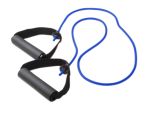 Blue exercise resistance band with black foam handles for physical therapy and fitness