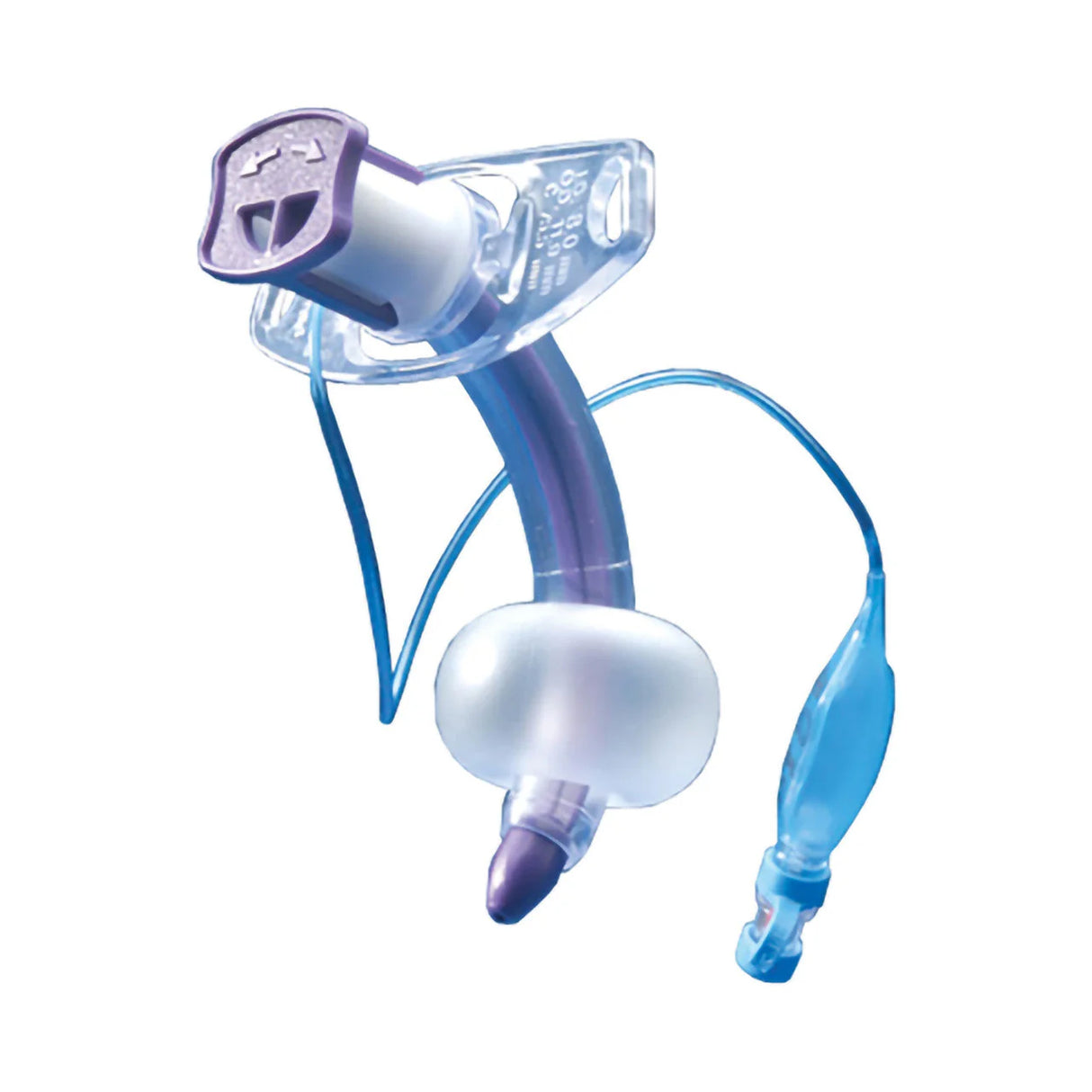 Purple and clear tracheostomy tube with cuff and blue inflation line for respiratory care