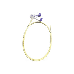 Yellow medical feeding tube with dual connectors for home healthcare use on white background.