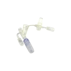 Clear medical IV extension set with connectors on white background