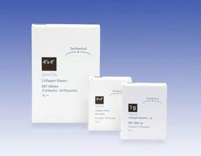 ZeniCOL collagen sheets and collagen particles medical supply boxes on blue gradient background