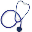Blue medical stethoscope with white ear tips on a white background