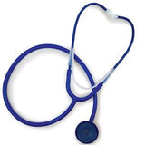 Blue medical stethoscope with white ear tips on a white background