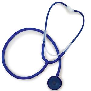 Blue medical stethoscope with white ear tips on a white background