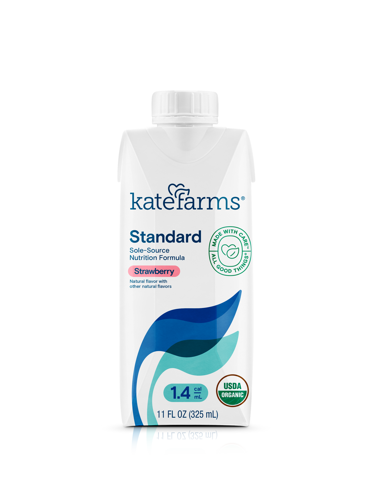 Kate Farms Standard strawberry nutrition formula 11 fl oz carton, front view, USDA organic