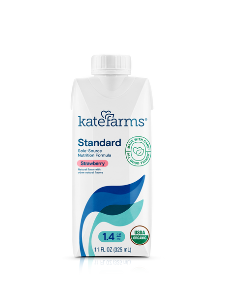 Kate Farms Standard strawberry nutrition formula 11 fl oz carton, front view, USDA organic